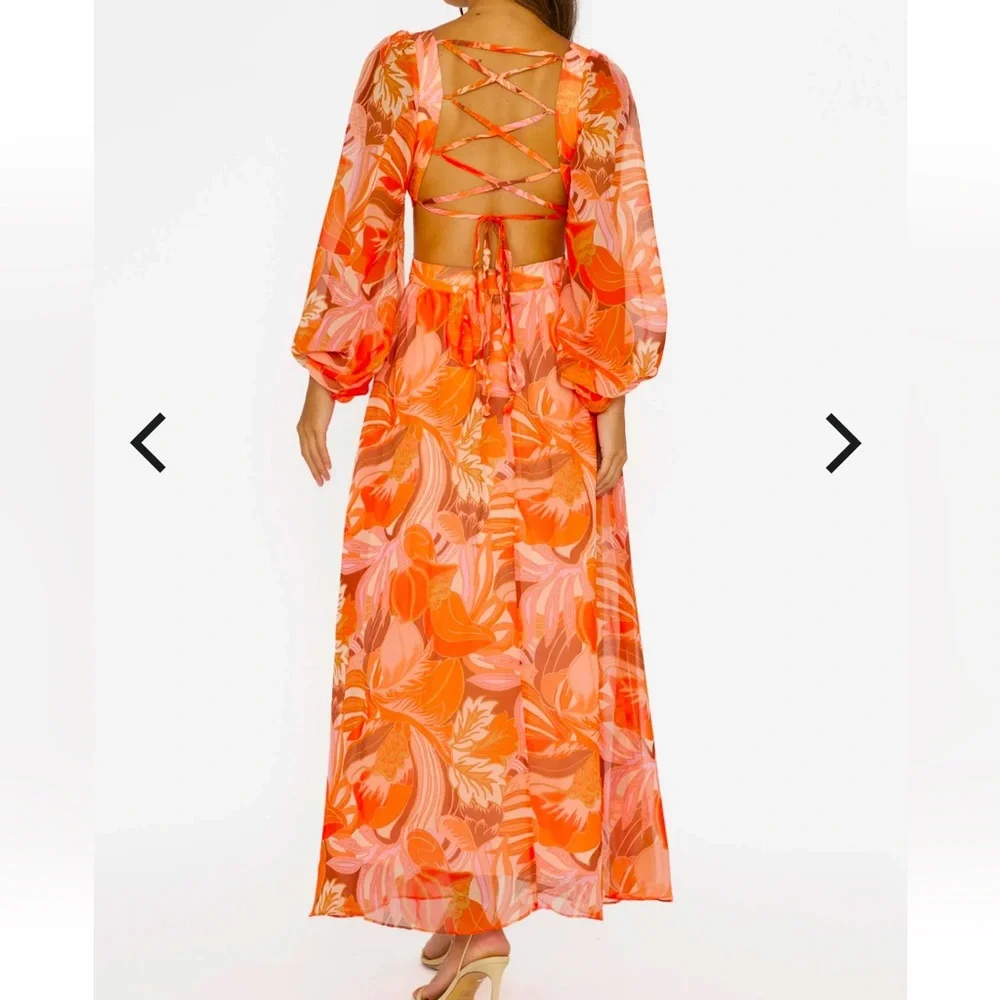 Elegant Orange Floral Midi Dress - Picture 3 of 16